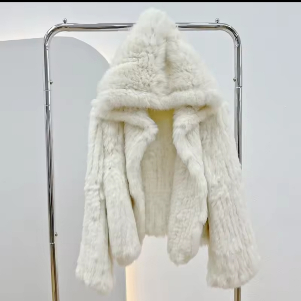 Coat Long Sleeve WomenCasual Loose Knitted Genuine Fur Jacket With HoodFemale - Picture 3 of 5